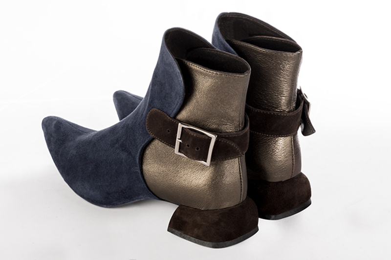 Women's navy blue, antique gold and dark brown elegant ankle boots, with buckles at the back. Tapered toe. Low flare heels - Rear view